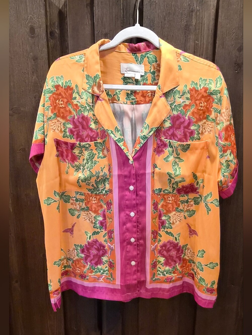 Anthropologie Women's Floral Button-Front Blouse - Orange & Pink